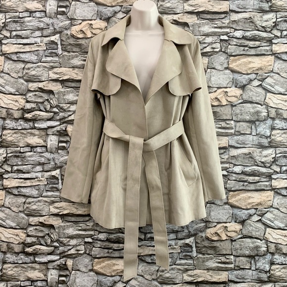 #13 Vintage H&M Tan Faux Suede Khaki Belted Short Open Trench Coat Jacket 10 - Picture 1 of 5